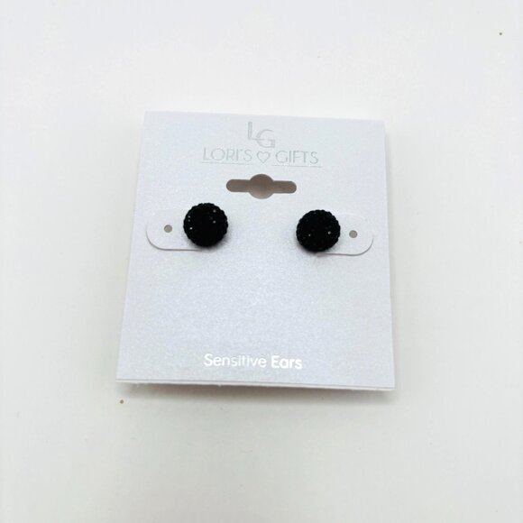Lori’s Gifts Black Crystal Ball Stud Earrings Sensitive Ears Hypoallergenic NWT - Picture 1 of 3